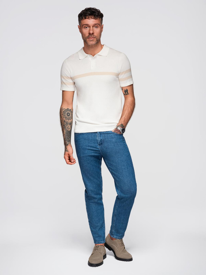 Męska koszulka polo z miękkiej dzianiny z kontrastowymi pasami - kremowa V3 OM-POSS-0118