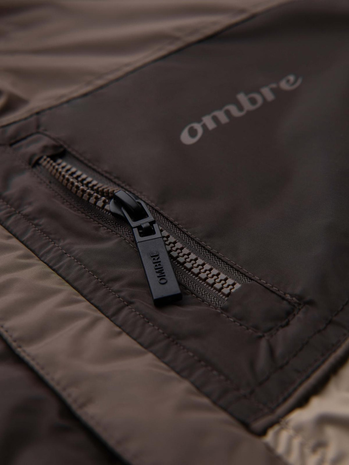 Lekka kolorowa męska sportowa kurtka z polarem – beżowo-ciemnobrązowa V19 OM-JANP-0194