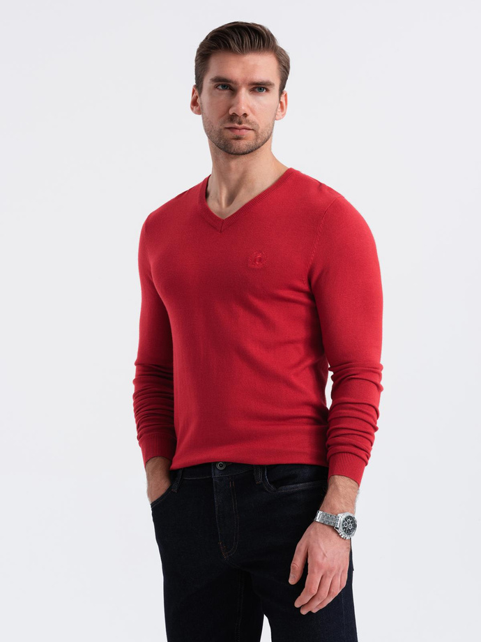 Męski elegancki sweter V-neck BASIC z wiskozą – czerwony V20 OM-SWBS-0107