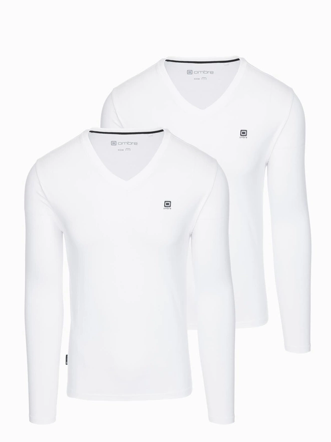 Komplet męskich longsleeve'ów SLIM FIT z dekoltem typu V i logotypem 2-pak – 2x biały V4 Z103
