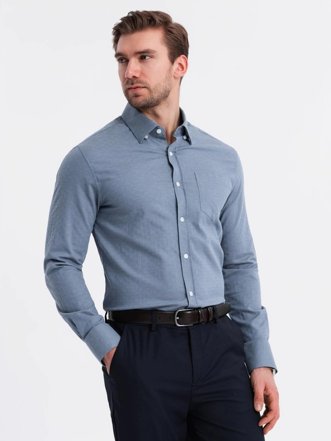 Męska koszula SLIM FIT z ozdobnej tkaniny z kieszonką – niebieska V1 OM-SHCS-0174