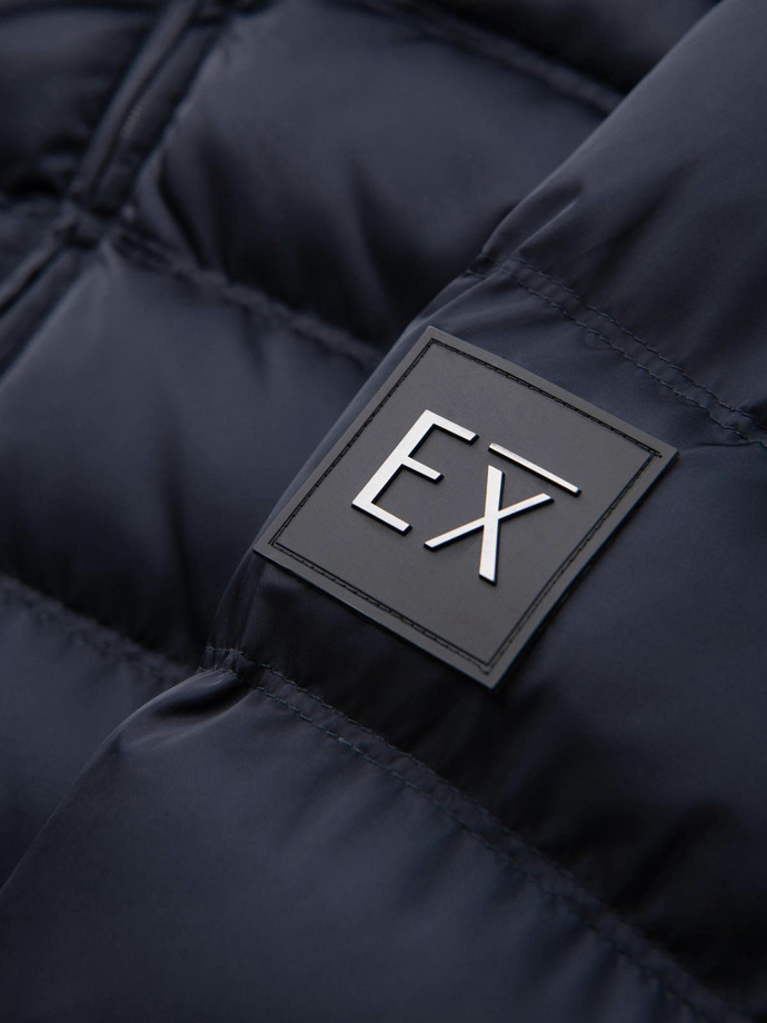 Męska pikowana kurtka z połyskiem i stójką – ciemnoniebieska V2 OM-JALP-0218