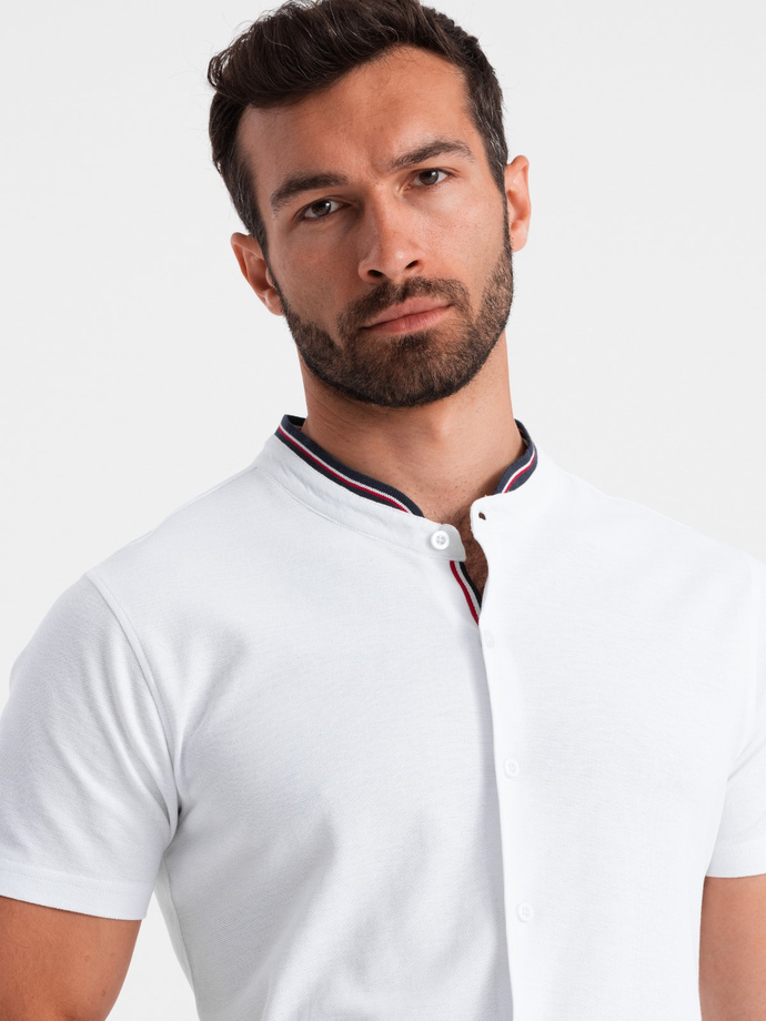 Men's knitted shirt with short sleeves and collared collar - white V1 OM-SHSS-0101