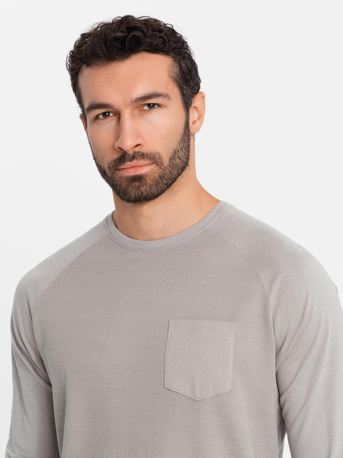 Bawełniany męski longsleeve o waflowym splocie z kieszonką – popielaty V1 OM-LSCL-0109