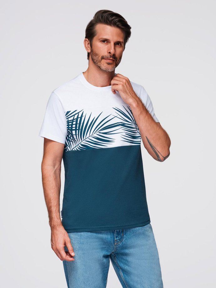 Men's two-tone t-shirt with palm leaf print - dark blue V1 OM-TSPT-0177