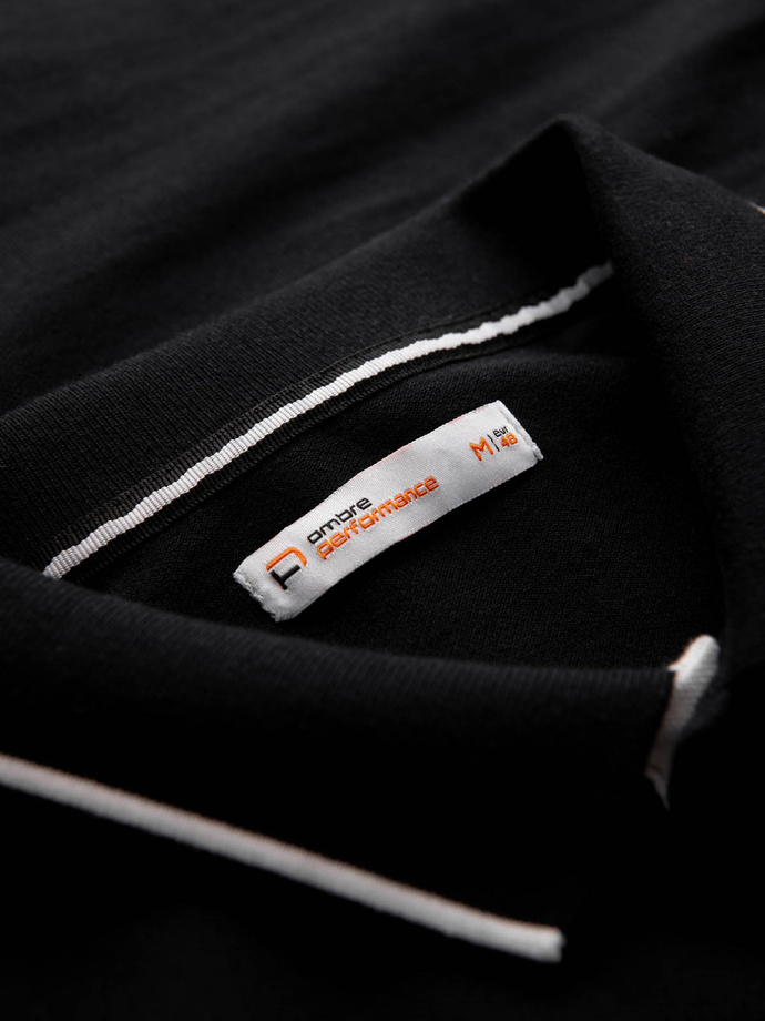 Dopasowana męska koszulka polo z dwukolorowymi pasami – czarna V2 OM-POSS-0127