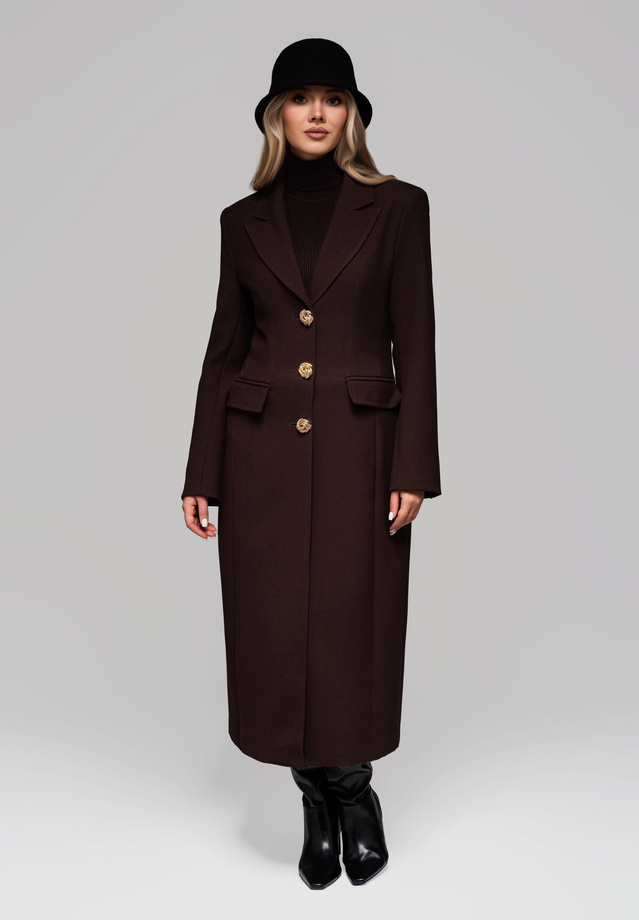 Płaszcz damski taliowany ze złotymi guzikami LARICA OW-COLC-0103 v2 - brązowy