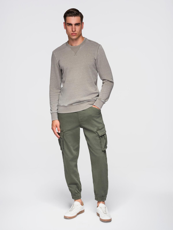 Washed men's sweatshirt with decorative stitching at the neckline - beige V2 OM-SSDS-0131