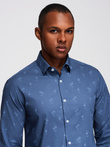 Classic men's cotton SLIM FIT shirt in palm trees - dark blue V5 OM-SHCS-0156