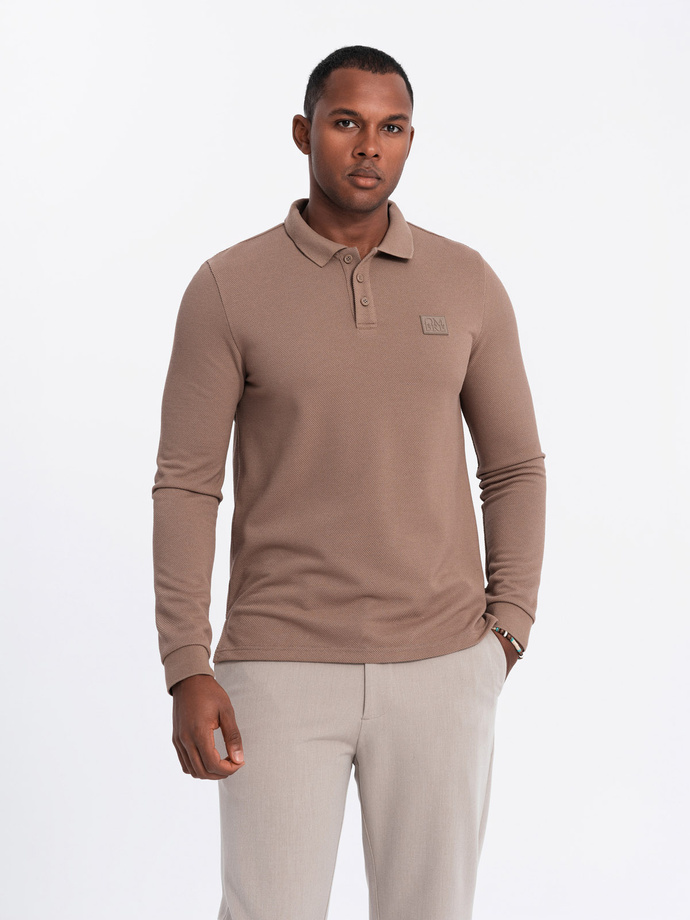 Men's structured polo longsleeve with patch - brown V4 OM-POLS-0131