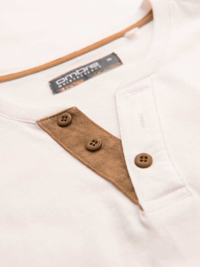 Męski t-shirt z dekoltem na guziki i zamszowym wykończeniem – biały V1 OM-TSCT-0206