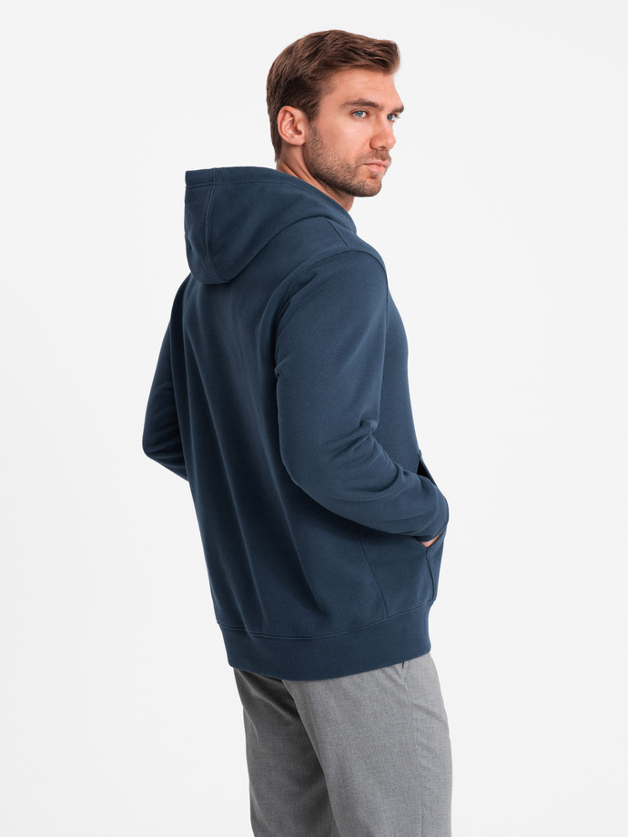 Men's kangaroo sweatshirt with hood and college style patch - navy blue V2 OM-SSNZ-0144