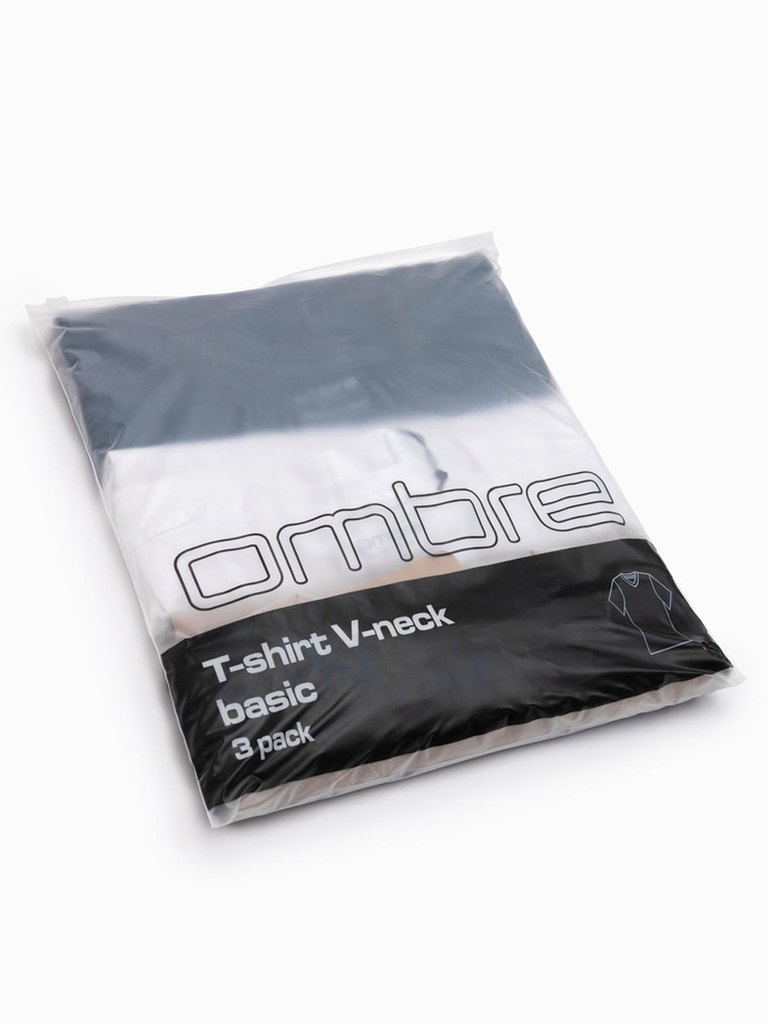 Zestaw bawełnianych męskich koszulek V-neck BASIC – biały/piaskowy/granatowy V12 OM-TSBS-0233