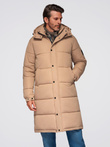 Men's quilted long jacket with detachable hood - beige V2 OM-JALJ-0190