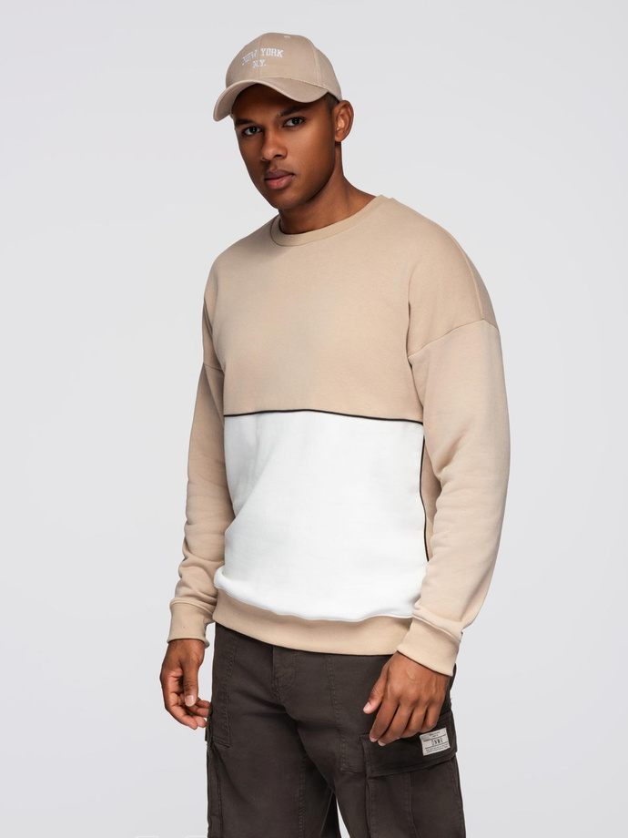 Bluza męska OVERSIZE z kontrastowym łączeniem kolorów - beżowa V2 OM-SSNZ-0130