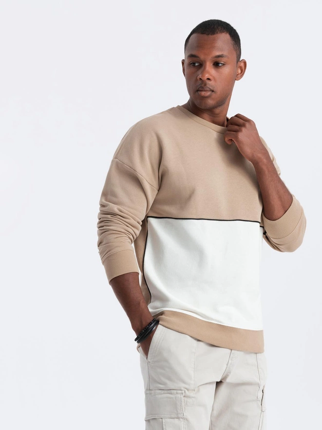Men's OVERSIZE sweatshirt with contrasting color combination - beige V2 B1673