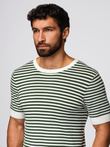 Men's knitted t-shirt with navy stripes and openwork weave - olive and white V3 OM-TSCT-0255