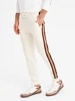 Men's sweatpants with piping and ribbing on the legs - cream V3 OM-PASK-0258