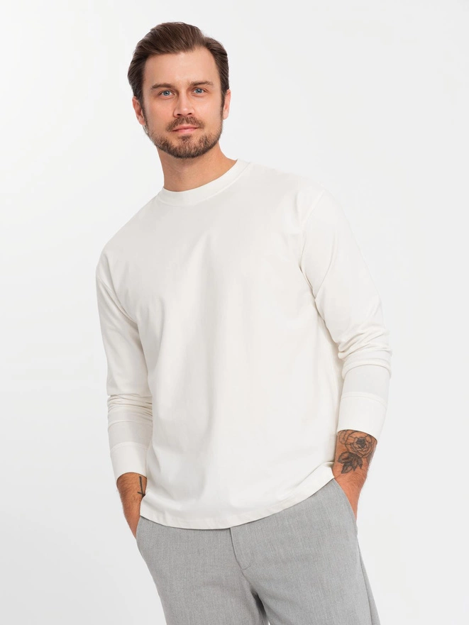Męski bawełniany longsleeve LOOSE FIT z okrągłym dekoltem – kremowy V2 OM-LSBC-0129