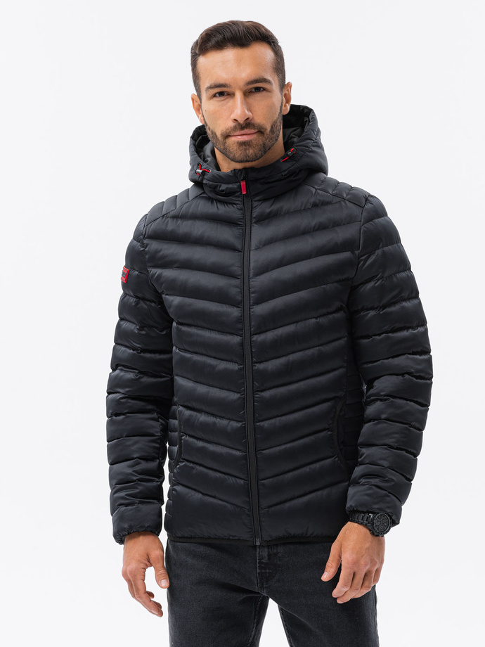 Men's quilted jacket with satin finish - black V2 OM-JALP-0121