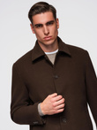 Single-breasted men's long coat with collar and bolster - brown V4 OM-COWC-0135