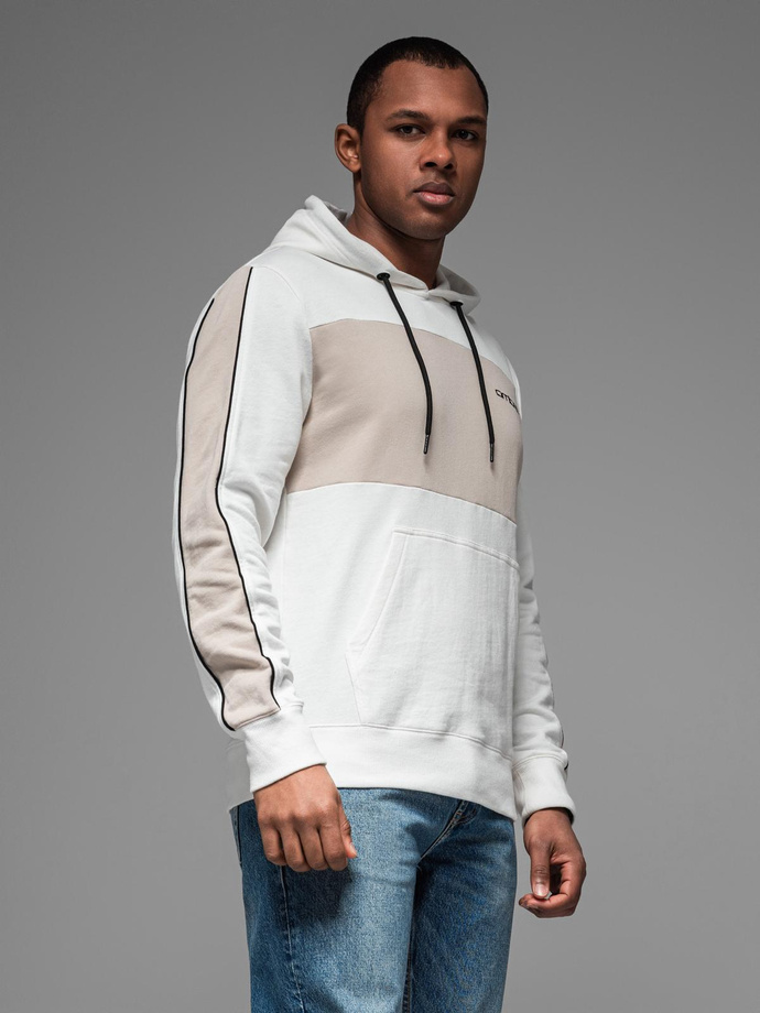 Męska bawełniana bluza z kapturem z kontrastującymi elementami - biała V1 OM-SSNZ-0225
