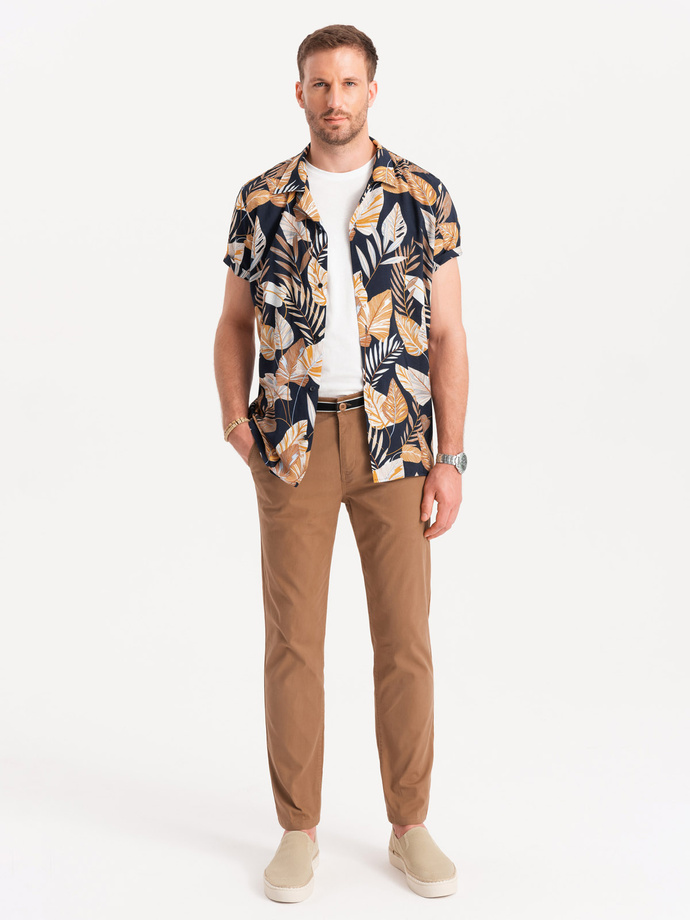 Spodnie męskie chino z ozdobną taśmą w pasie SLIM FIT – brązowe V4 OM-PACP-0118