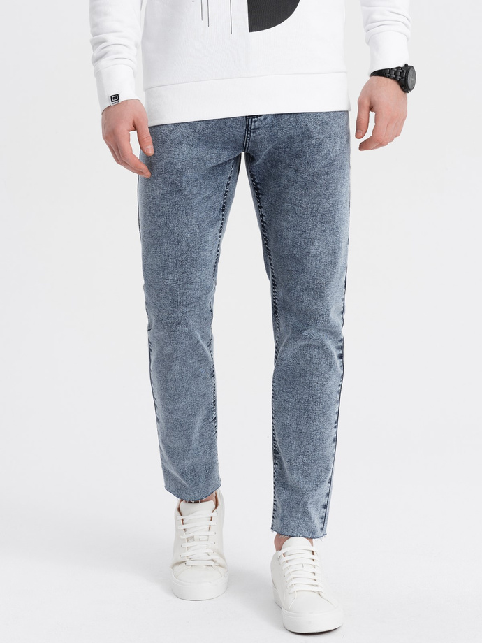 Men's marbled denim pants with raw-leg SLIM FIT - dark blue V4 OM-PADP-0146
