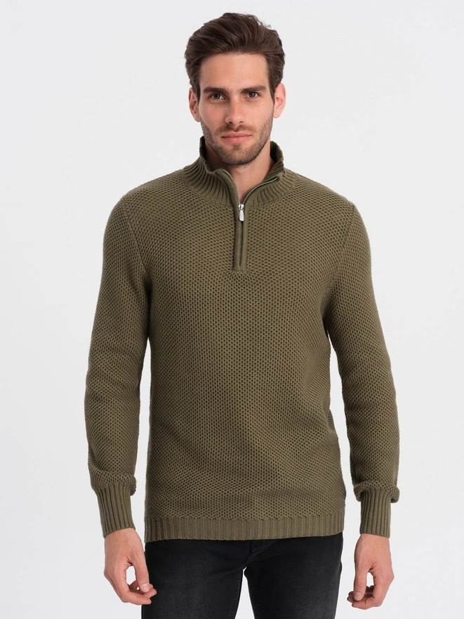 Men's knitted sweater with spread collar - olive V6 OM-SWZS-0105