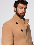 Men's coat with asymmetrical fastening and high collar - light brown V4 OM-COWC-0141