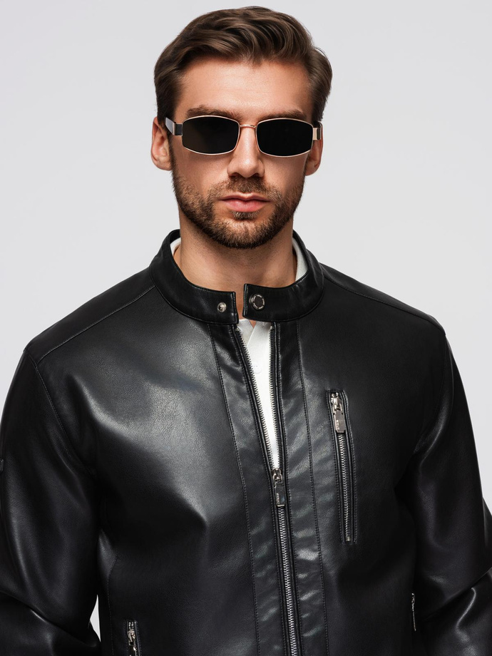 Men's faux leather jacket with ribbed bottom hem - black V2 OM-JAFL-0109
