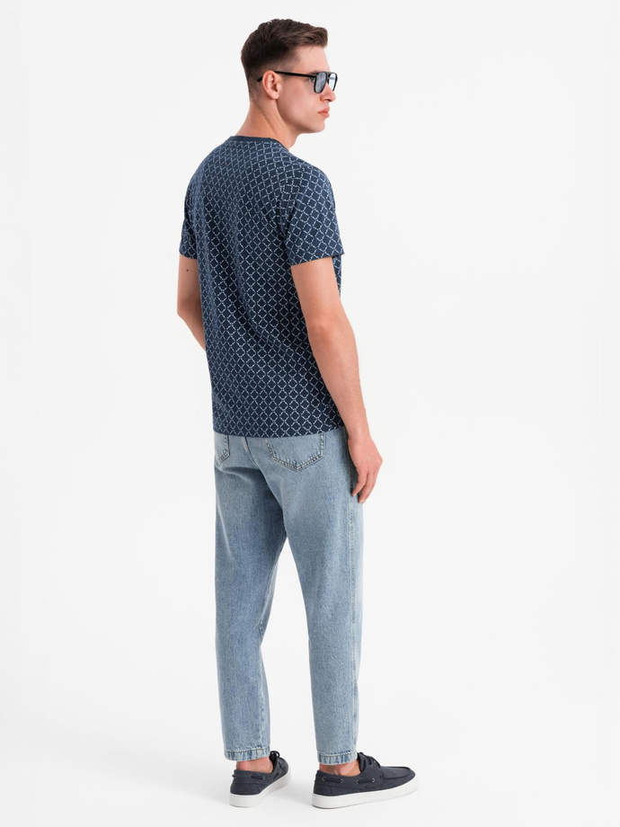 Męska koszulka dzianinowa z nadrukiem full print – granatowa V1 OM-TSFP-0250