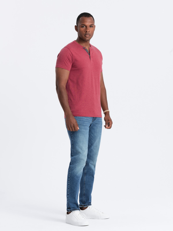 Men's T-shirt with round henley neckline - red V1 OM-TSCT-0155