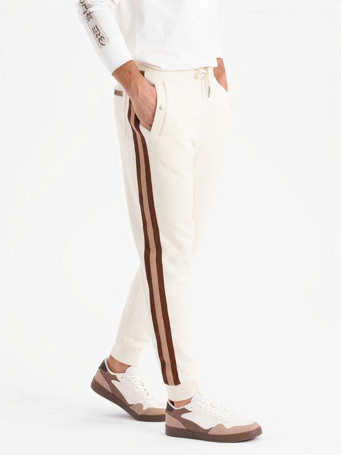 Men's sweatpants with piping and ribbing on the legs - cream V3 OM-PASK-0258