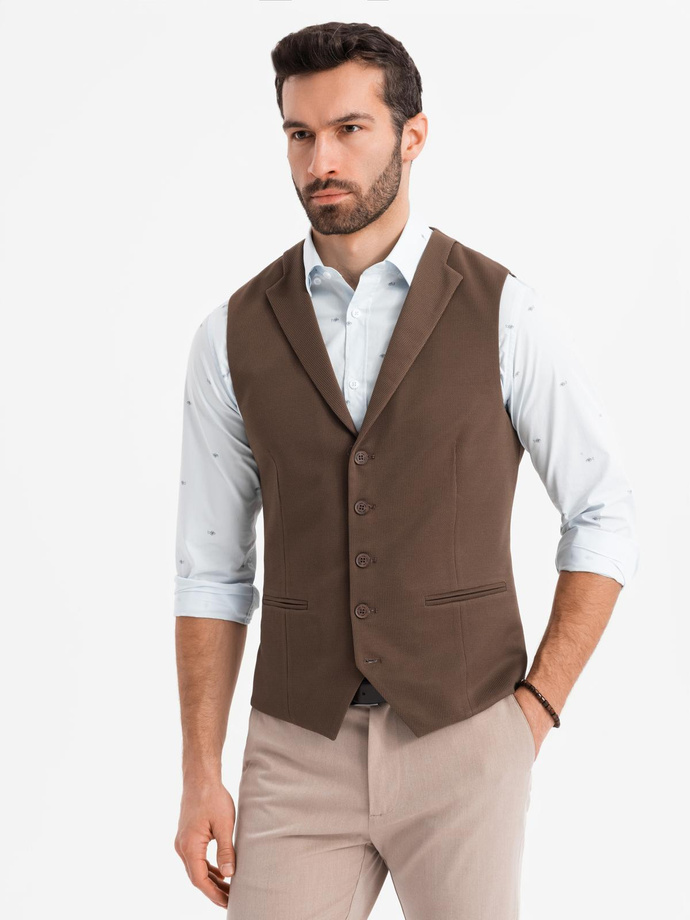 Fitted men's structured knit vest with lapels - brown V2 OM-BLZV-0144