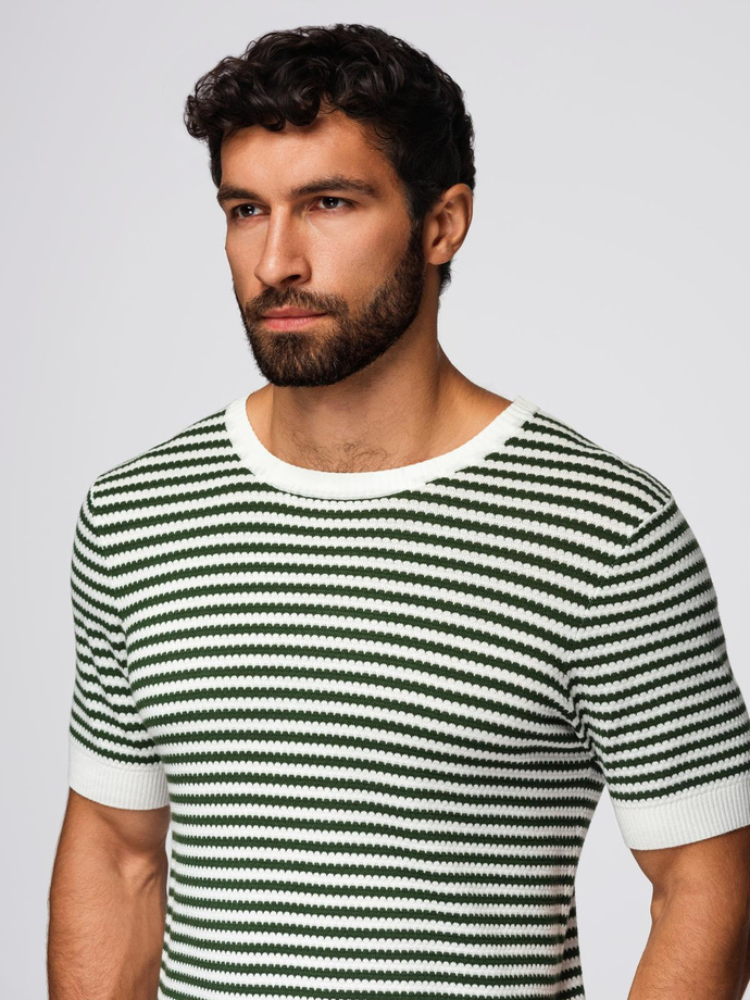 Men's knitted t-shirt with navy stripes and openwork weave - olive and white V3 OM-TSCT-0255