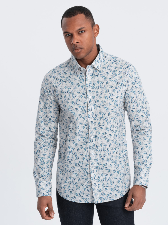 Koszula męska SLIM FIT w print gałązek - niebiesko-szara V2 OM-SHPS-0163
