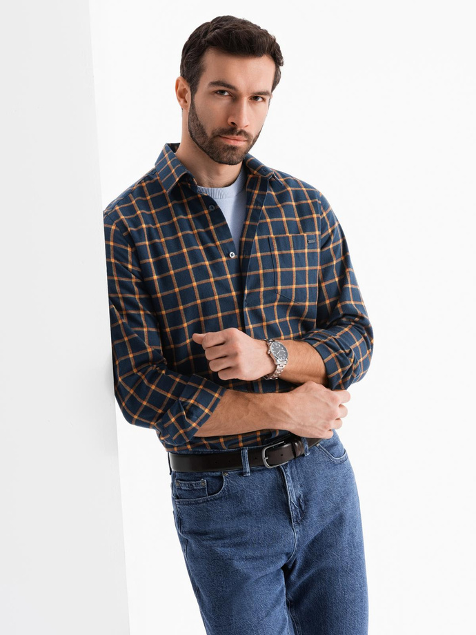 Men's plaid flannel shirt SLIM FIT - navy blue and orange V1 OM-SHCS-0145