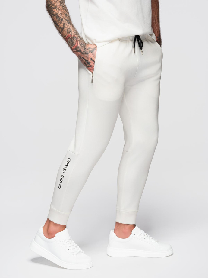 Men's sweatpants with ribbed legs and rubber print - white V2 OM-PASK-0223