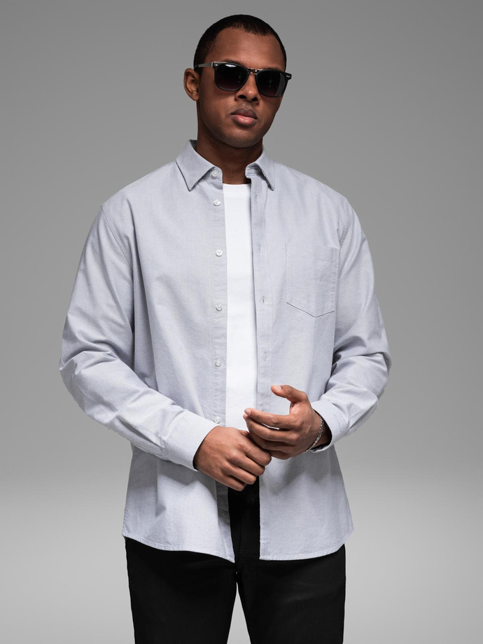 Elegant men's oxford shirt with embroidery and pocket - blue V1 OM-SHOS-0173