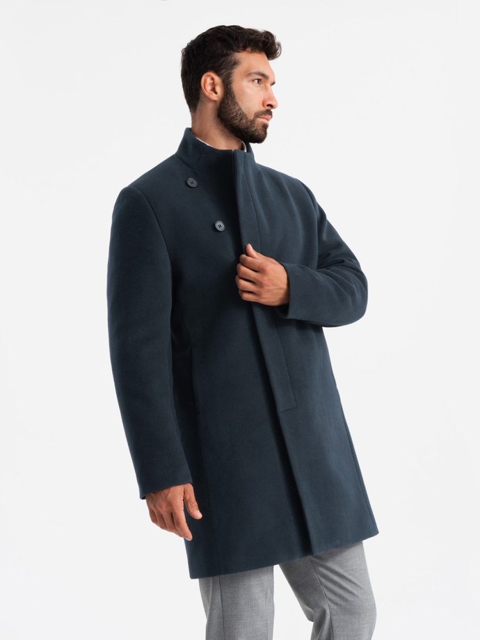 Men's coat with asymmetrical fastening and high collar - navy blue V3 OM-COWC-0120