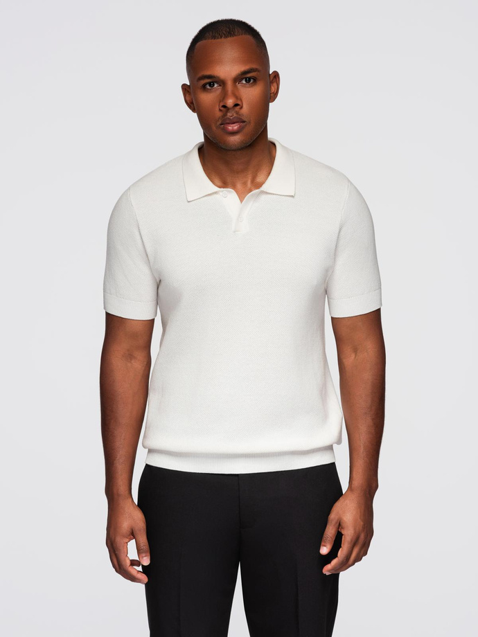 Men's cotton structured knit polo shirt - broken white V4 OM-POSS-0117