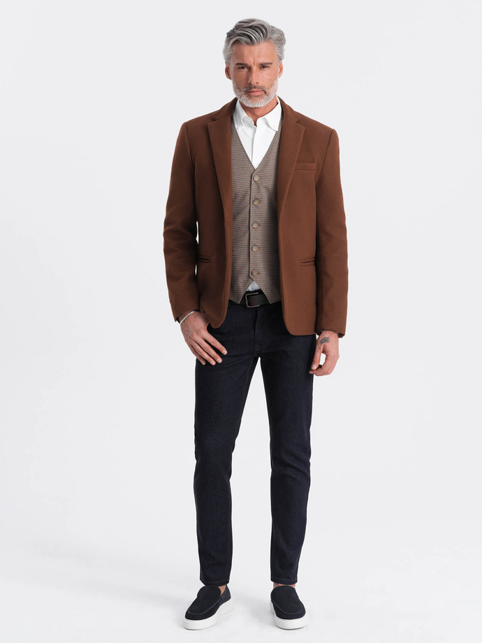 Marynarka męska casual z ozdobnymi guzikami na mankietach - czekoladowy brąz V1 OM-BLZB-0118