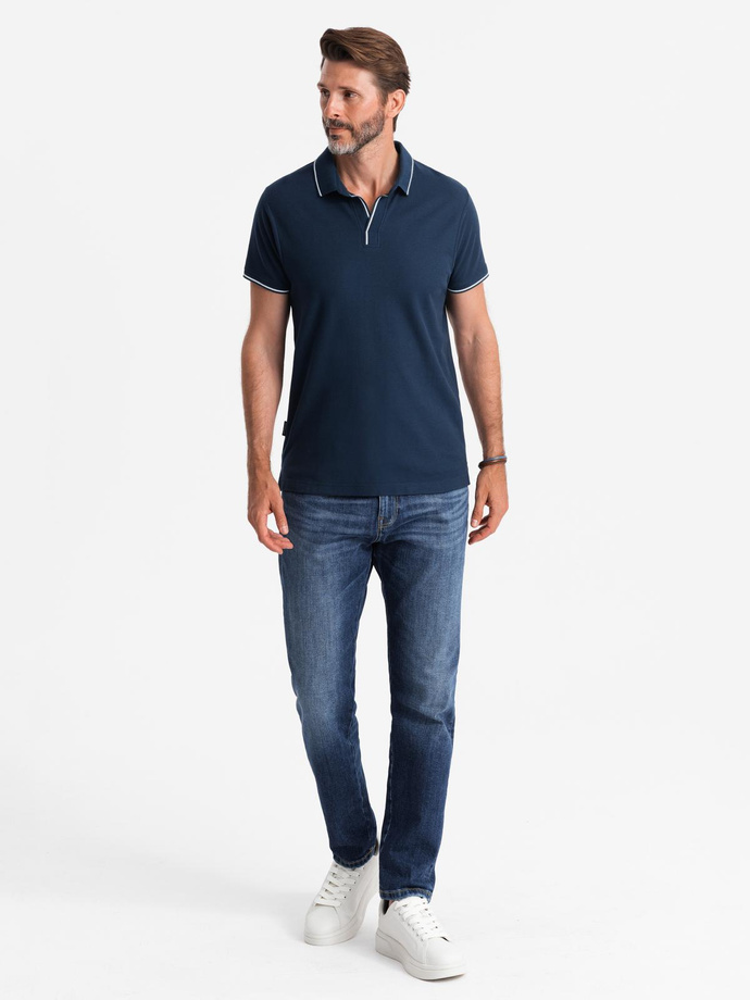Men's pique knit polo shirt without buttons - navy blue V3 OM-POSS-0110