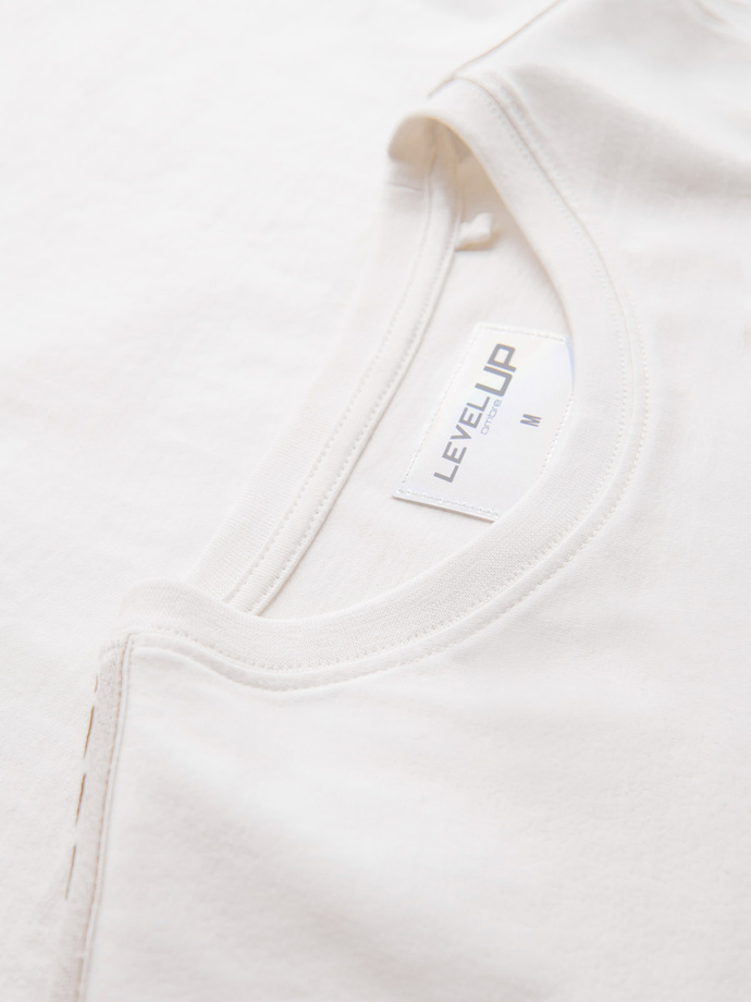 Bawełniany męski longsleeve U-neck z lampasami i nadrukiem na piersi – złamana biel V3 OM-LSCL-0127