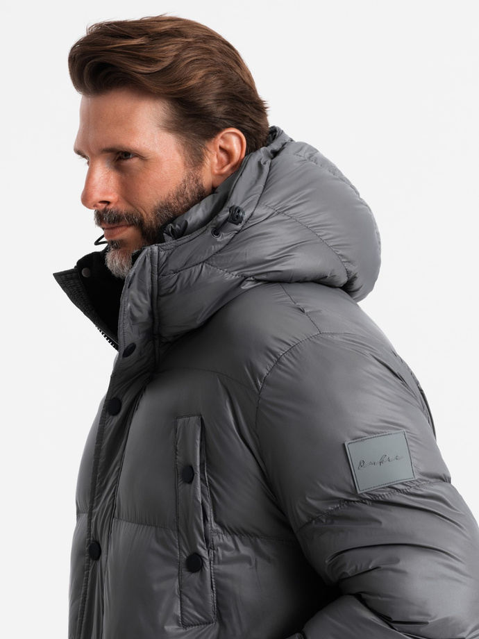 Men's long puffer jacket with snap pockets - graphite V1 OM-JALJ-0186