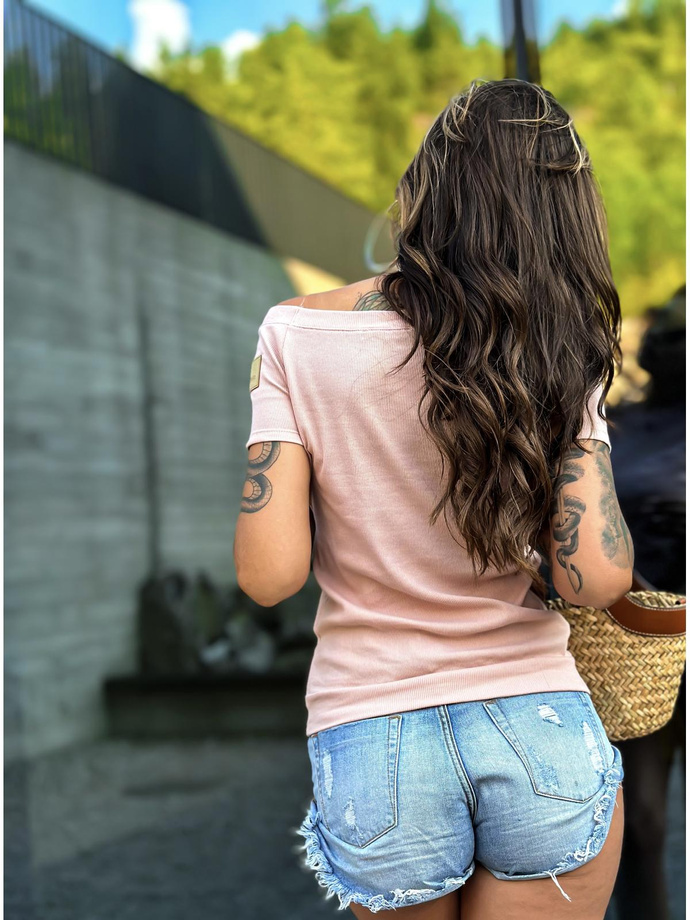 Ribbed boat blouse, asymmetrical sleeves LLR025 - pink