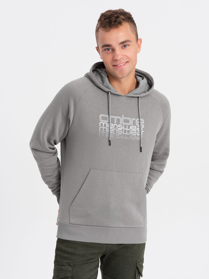 Men's non-stretch hooded sweatshirt with print - grey V2 OM-SSPS-0153