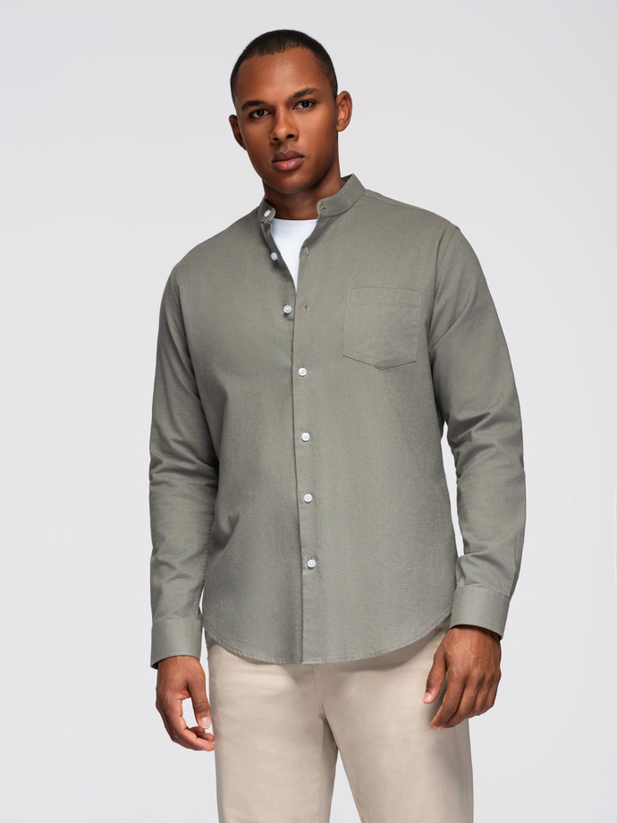 Męska koszula lniana ze stójką i kieszenią REGULAR FIT – khaki V6 OM-SHCS-0161