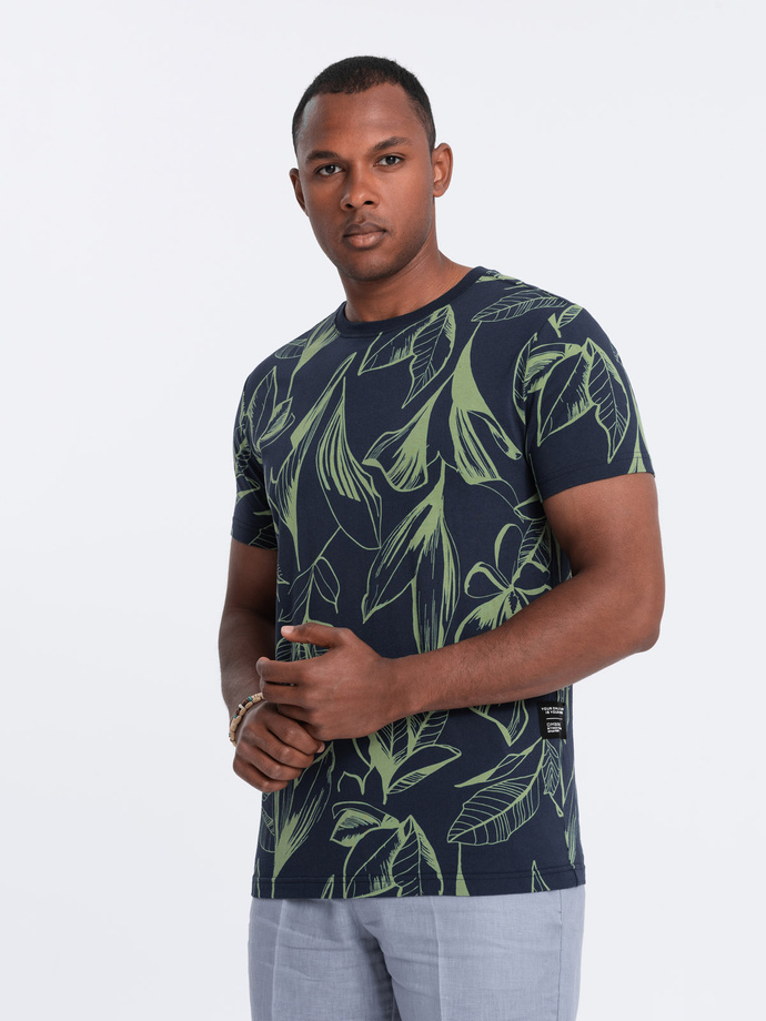 Men's full-print t-shirt in contrasting leaves - navy blue V5 OM-TSFP-0180